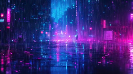 Pixels and data characters forming a rain effect, blending colors like electric blues and neon purples