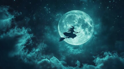 witch flying on a broom in the sky with a full moon