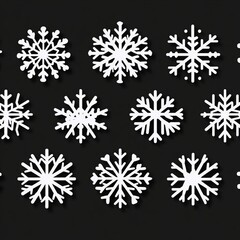 Collection of twelve unique white snowflakes on black background.