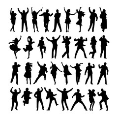 A collection of black silhouettes of people dancing energetically