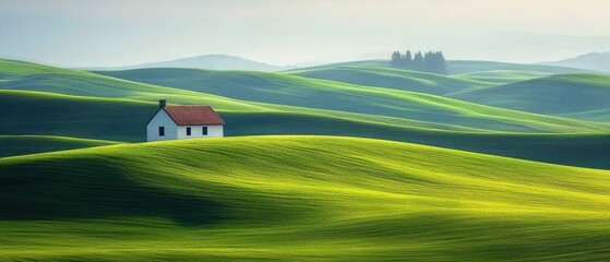 Naklejka premium Serene Sunrise Over Vibrant Green Countryside Hills with Soft Sunlight Enhancing the Peaceful Landscape