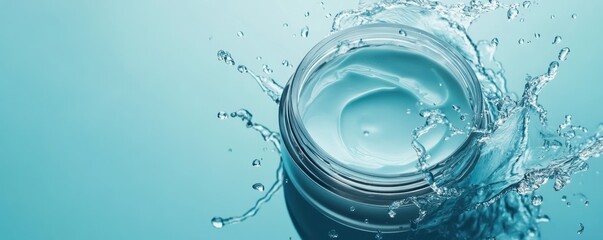 Fototapeta premium Glass jars of cosmetic cream on water surface,Cooling effect skin care products concept,Moisturizing collagen beauty product, hydrating face or body cream,nourishing skin of face,copy space.