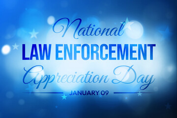 National Law enforcement Appreciation Day Wallpaper with Blue bokeh lights backdrop and typography.