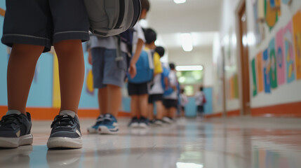 School Students in Line with Colorful Artwork in Background