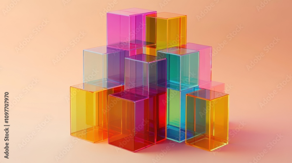 Poster colorful transparent cubes arranged in a stack