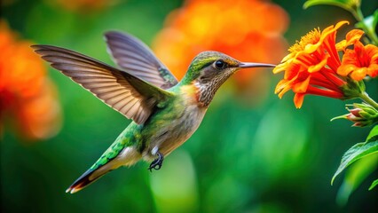 Stunning Drone Photography of a Hummingbird in Flight Feeding on a Vibrant Orange Flower, Capturing Nature's Beauty and Delicate Details in High Definition