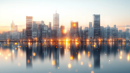 Fototapeta premium vibrant cityscape wallpaper with a creative, futuristic design showcasing an open sky with abstract elements and a space for mock-up text placement, representing innovation and boundless possibilities