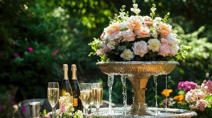 Elegant Outdoor Celebration with Champagne and Beautiful Floral Arrangement Surrounded by Lush Greenery in a Serene Garden Setting
