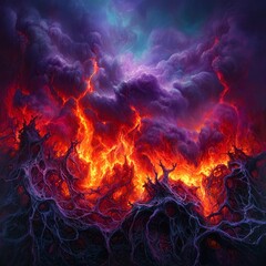 Fototapeta premium Fiery, apocalyptic landscape with dark, burning, twisted branches and vibrant purple, red, orange clouds.