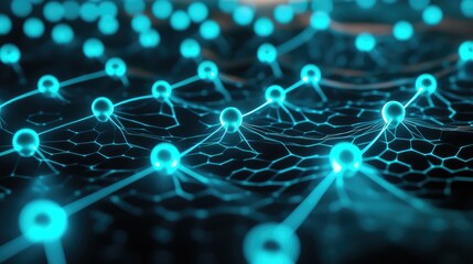 Quantum data stream in a grid of neon particles, simulating entangled qubits and glowing with bright teal hues