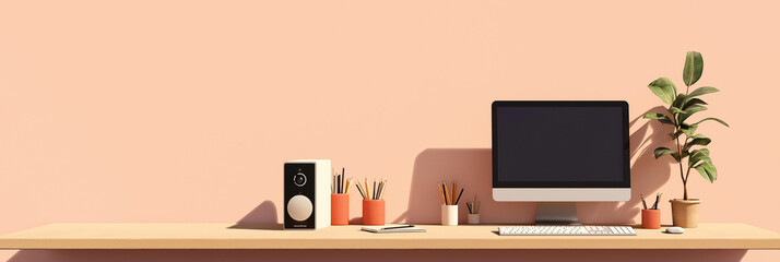 A tidy, minimalist desk setup includes a modern computer, potted plant, various stationery items, in front of a plain pastel wall, suggesting creativity and focus.