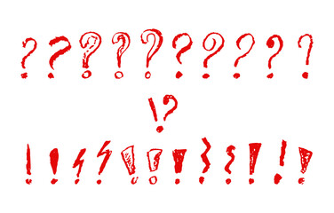 Exclamation and question marks symbols set. Red crayon hand written signs. Doodle icons collection for speech bubble emphasis important or danger warning text. Vector graffiti or sketch style marks