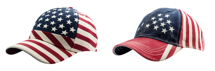 Set of a baseball cap with stars and stripes, isolated on a transparent background.