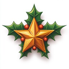 Obraz premium Golden star with holly berries and leaves.