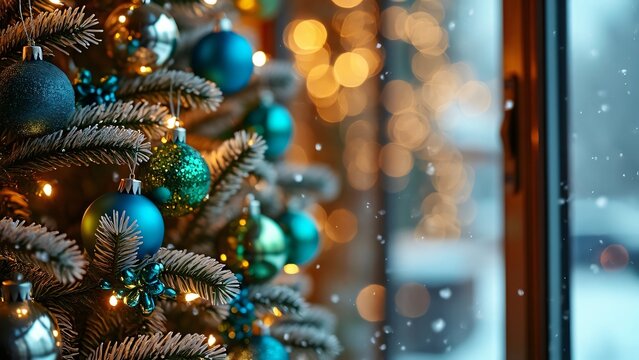 Close-up of Teal & Green Christmas Ornaments on Snowy Restaurant Window