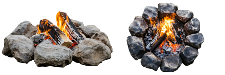 Set of a campfire with rocks around the fire, isolated on a transparent background.