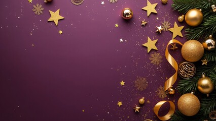 Purple Christmas Background, Golden Ornaments & Stars