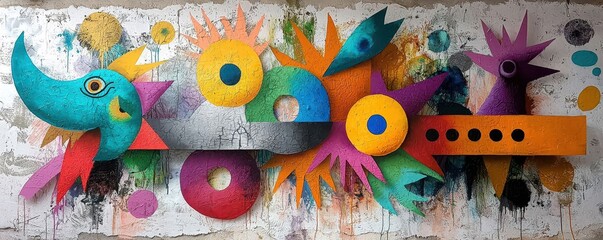 Vibrant Abstract Mural with Colorful Shapes and Patterns