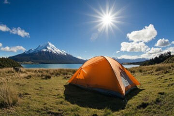 Orange Tent on Grassy Mountain Lake Field with Bright Sun and Distant Mountains, Idyllic Outdoor Camping Scene