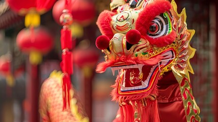 Fototapeta premium Vibrant chinese dragon head with red lanterns at festive celebration.