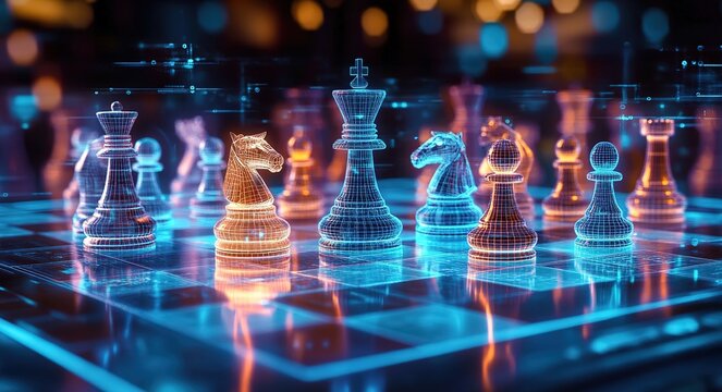 Digital chess board with holographic pieces, representing the use of AI in strategic planning and business strategy concepts.