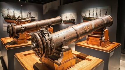 Historical Cannons Displayed in a Museum Setting with Maritime Artifacts and Informative Background Panels About Naval Warfare and Ship Design