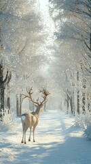 Obraz premium Majestic White Deer Strolling Through a Serene Winter Wonderland Surrounded by Frosted Trees and Soft Snow on an Idyllic Pathway