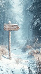 Naklejka premium Winter Landscape with Snowy Path and Wooden Signpost in a Serene Forest Setting, Inviting Exploration and Adventure in a Tranquil Nature Scene