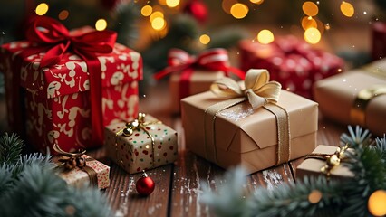 Christmas Gift Boxes, Santa Hat, Flat Lay, Festive Dark Wood Background