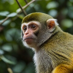 Obraz premium A curious squirrel monkey peering down from a high perch.