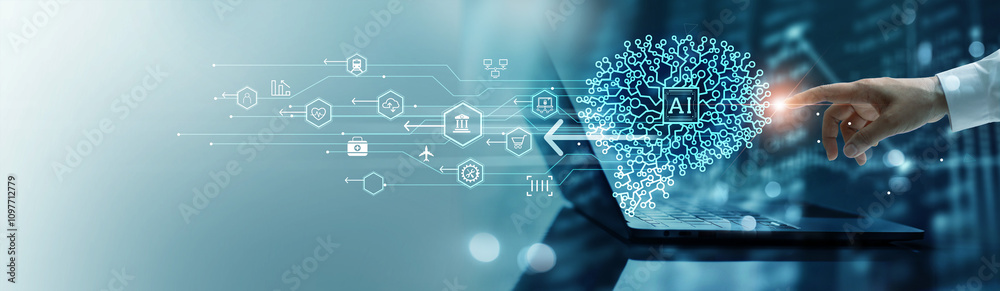 Poster AI, Machine learning, Businessman touching data abstract brain of ai network on big data connection, global business, Science and artificial intelligence technology, innovation for futuristic.