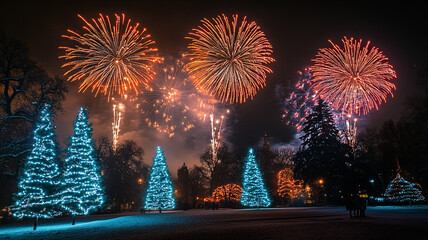 Fireworks illuminate a winter night with vibrant colors and festive trees