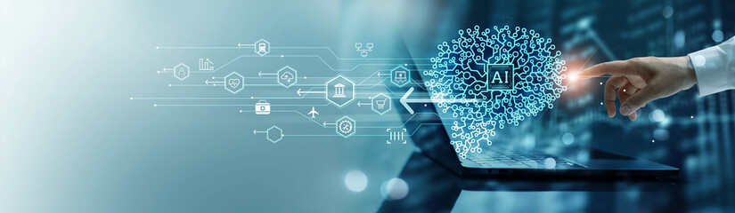 AI, Machine learning, Businessman touching data abstract brain of ai network on big data...