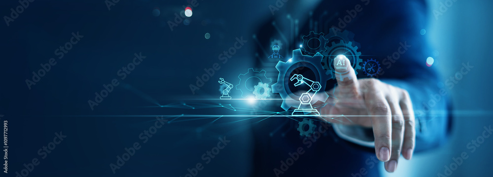 Poster AI, Artificial intelligence technology, Machine learning, Data exchange, Deep learning, industry 4.0, Businesses to adapt implement new policies technologies to support it effectively. innovative