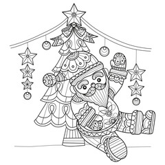 Santa and Christmas tree hand drawn for adult coloring book