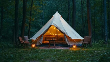 Cozy Tent in the Woods with Warm Lighting and Comfortable Chairs Around an Outdoor Table for Camping