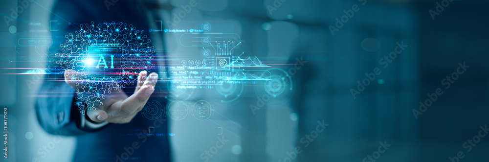 Leinwandbilder Businessman hold the brain working of Artificial Intelligence (AI) in the future business and coding software development and data synchronize network connection, Machine learning, IoT, innovative.