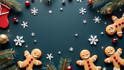 Fototapeta premium Festive Gingerbread Men, Snowflakes & Christmas Decorations on Dark Blue