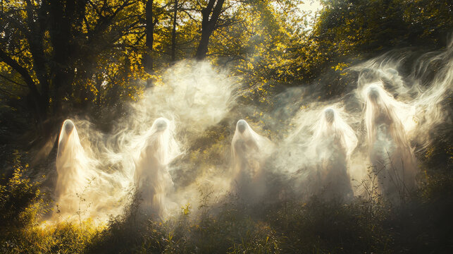 Wisps of mist form translucent figures floating through a forest.