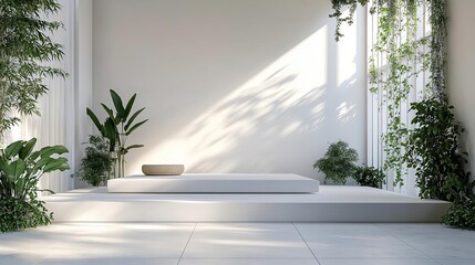 a white platform with a plant in a pot on it