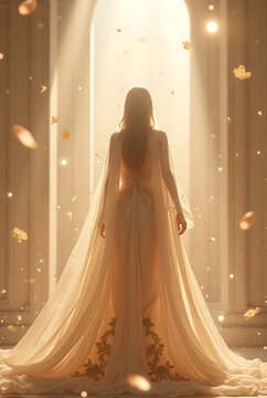 A serene figure in an elegant golden gown stands bathed in radiant light, surrounded by delicate floating petals. Generative Ai
