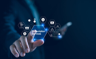 Subscription services and business model management concept, Businessman shifting to subscription models on smartphone, services for food, AI, streaming, social network, advertising, software, music