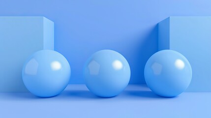 Minimalist blue composition with spheres and cubes in monochrome design. Concept of blue Monday
