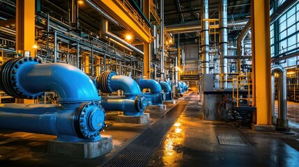 Naklejka premium Industrial Interior of a Modern Manufacturing Facility with Large Blue Pipes, Bright Yellow Beams, and Efficient Plumbing Systems for Liquid Transport and Processing Needs