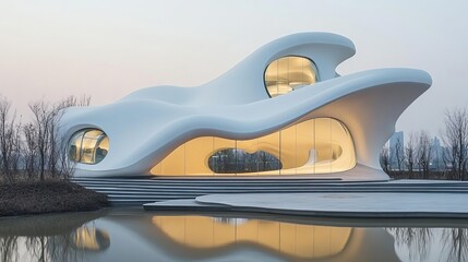 Modern Architectural Structure Reflecting in Water at Dawn