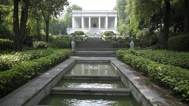 Luxurious Mansion Garden  Grand Entrance  Landscaped Gardens  Fountain  Steps  Trees  Shru