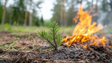 Obraz premium Young Pine Sapling Surviving Wildfire Forest Regeneration Nature Resilience