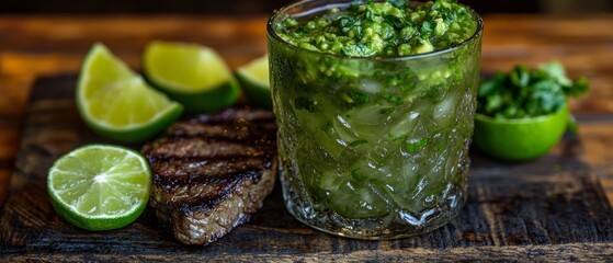 Obraz premium Grilled steak with a refreshing cocktail and lime wedges.