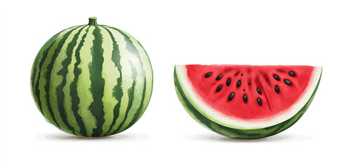 Whole Fresh Watermelon and Juicy Slice with Seeds