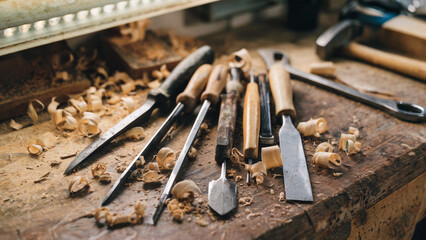 Carpentry action custom woodwork tools on workbench workshop environment detailed viewpoint craftsmanship concept